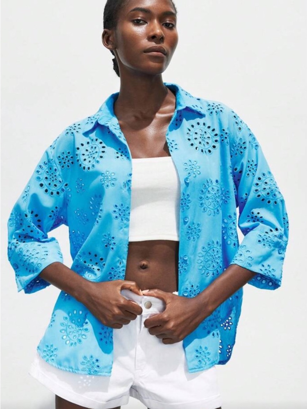Avalon French Turquoise Blue Eyelet Tonal Embroidery Blouse, 3/4 Sleeves, S, New